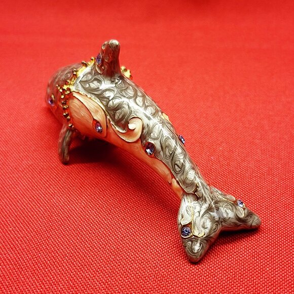 Metal Enamel Dolphin Trinket Box Hinged Rhinestone Accents - Picture 14 of 15
